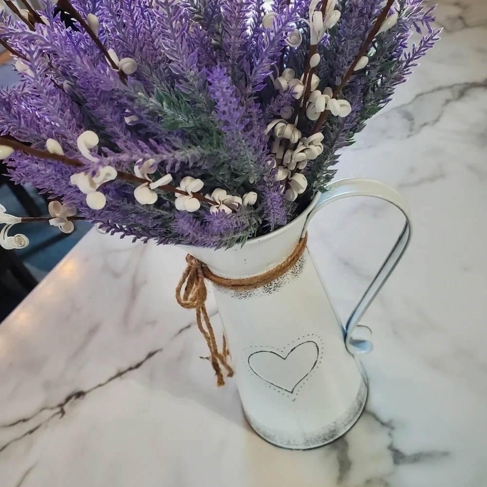 Lavender Artificial Flowers in Decorative Flower Pitcher